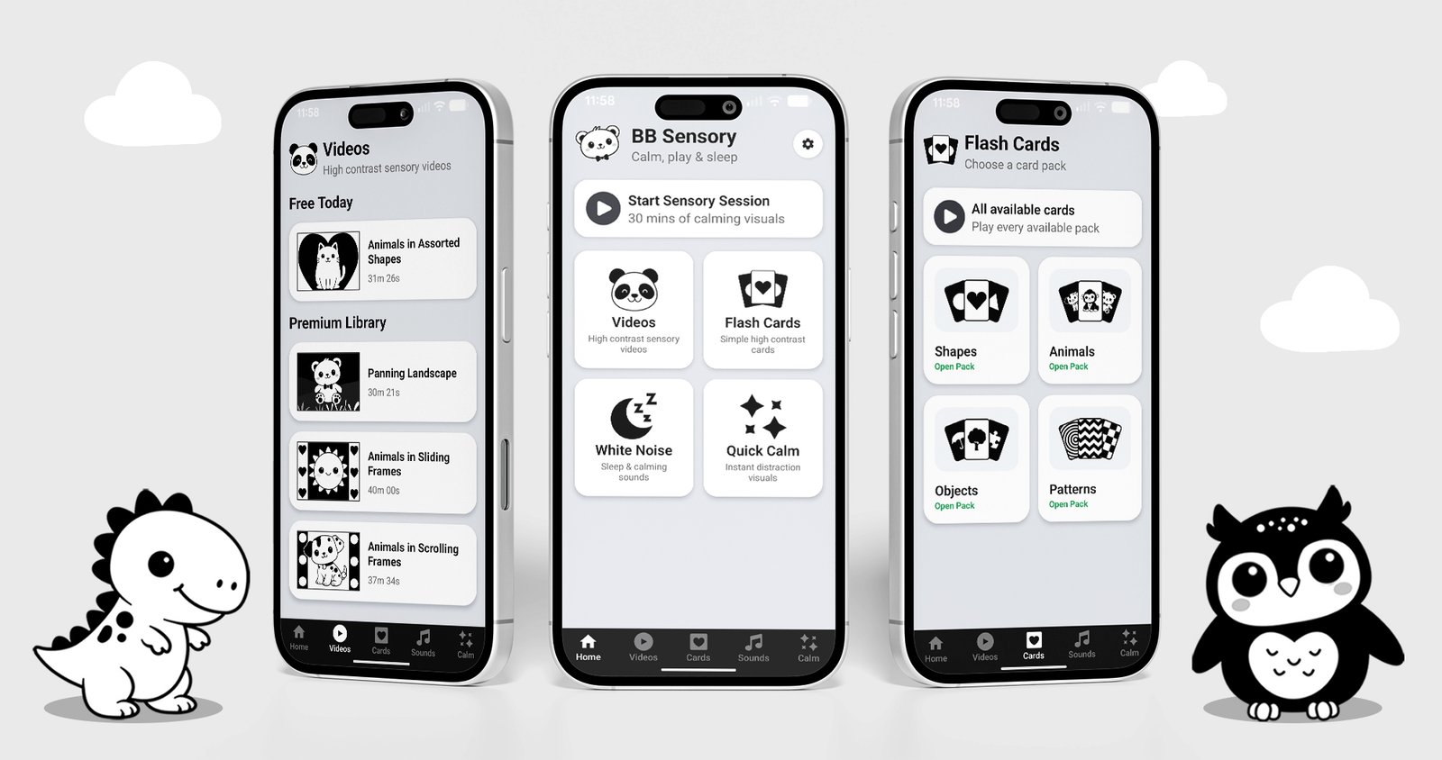 BB Sensory app shown across three phones